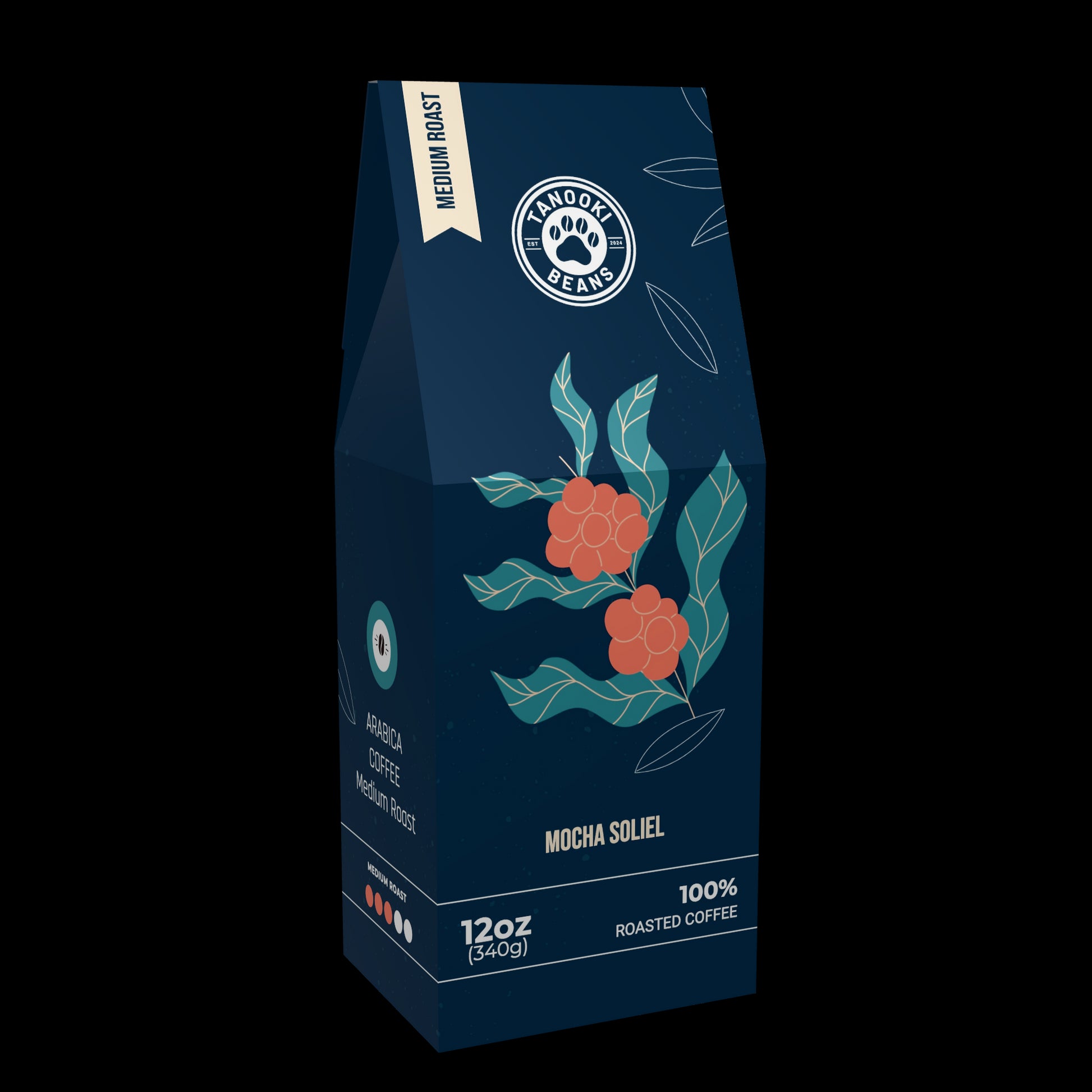 Tanooki Beans Mocha Soliel Whole Coffee Beans in 12oz packaging with bold floral design
