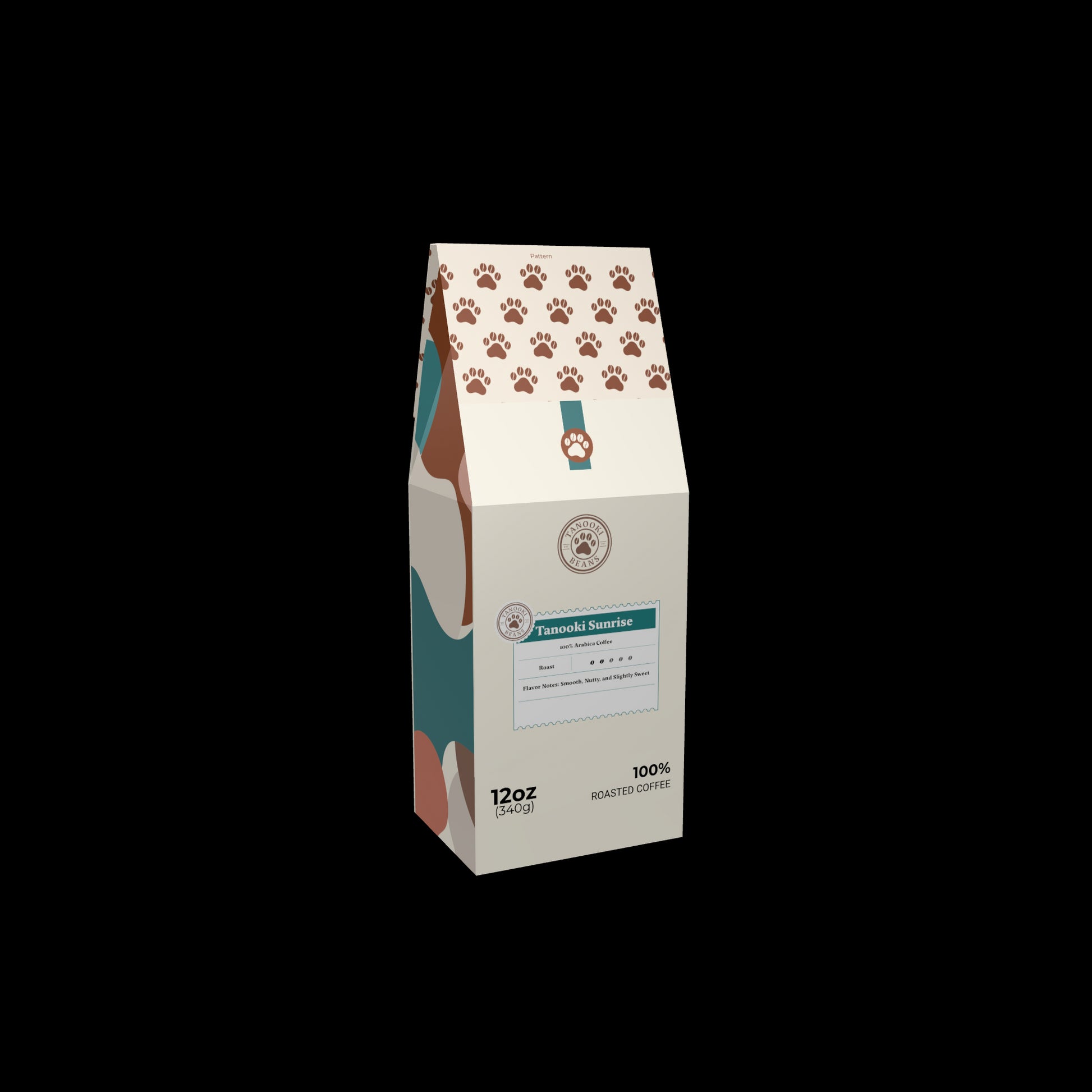 Tanooki Sunrise coffee whole beans in a stylish 120 oz bag featuring a playful design