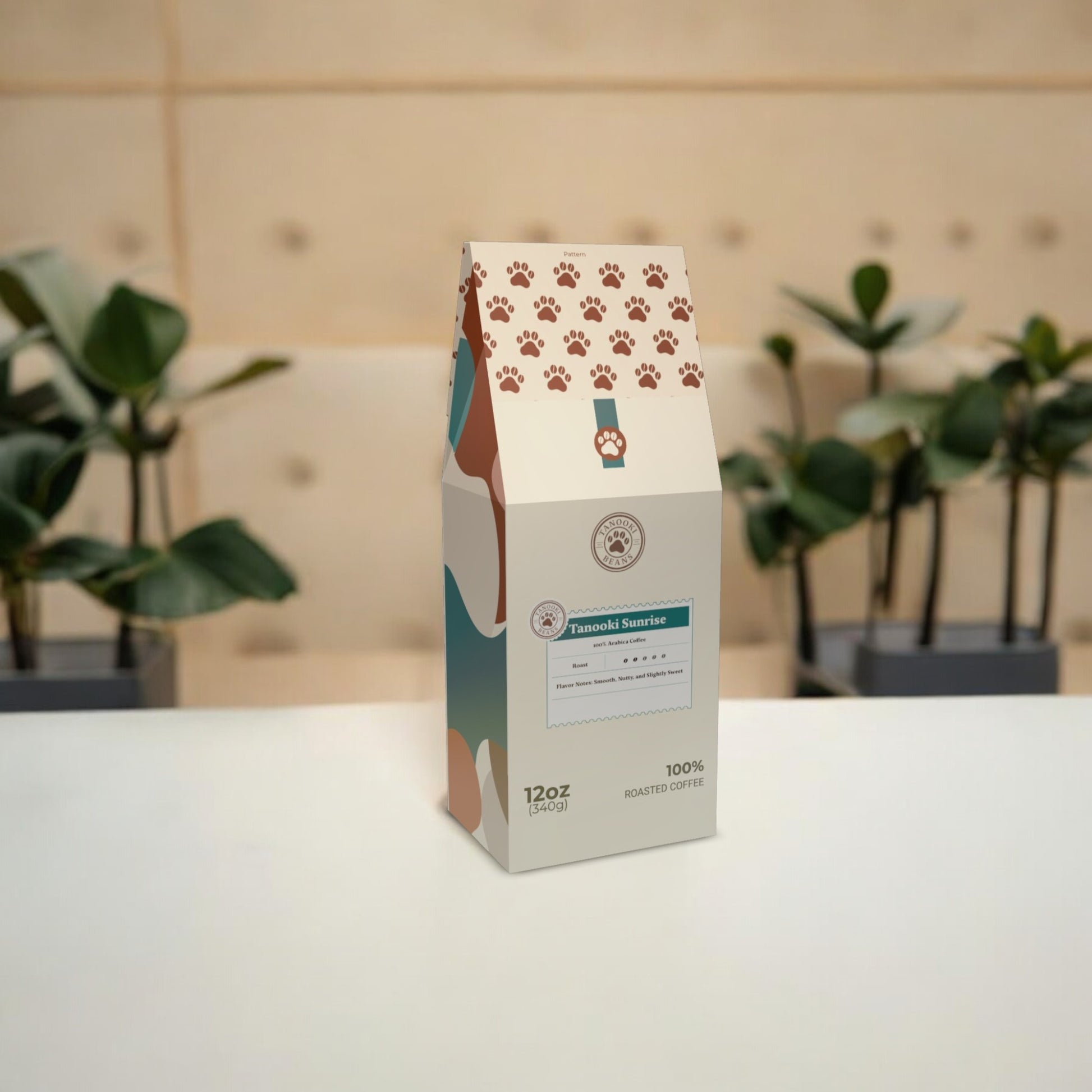 Tanooki Sunrise coffee whole beans 12oz bag with paw print design and eco-friendly packaging