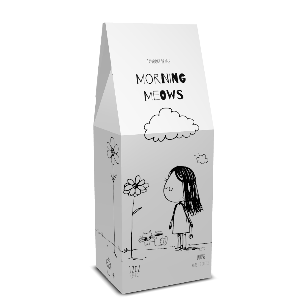 Morning Meows Whole Beans by Tanooki Beans featuring a whimsical cat and girl illustration