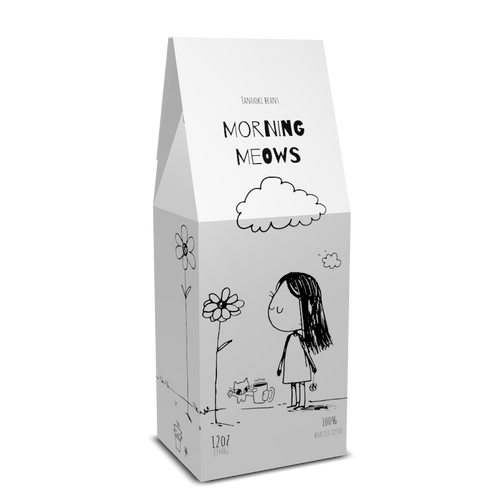 Morning Meows Whole Beans by Tanooki Beans featuring a whimsical cat and girl illustration