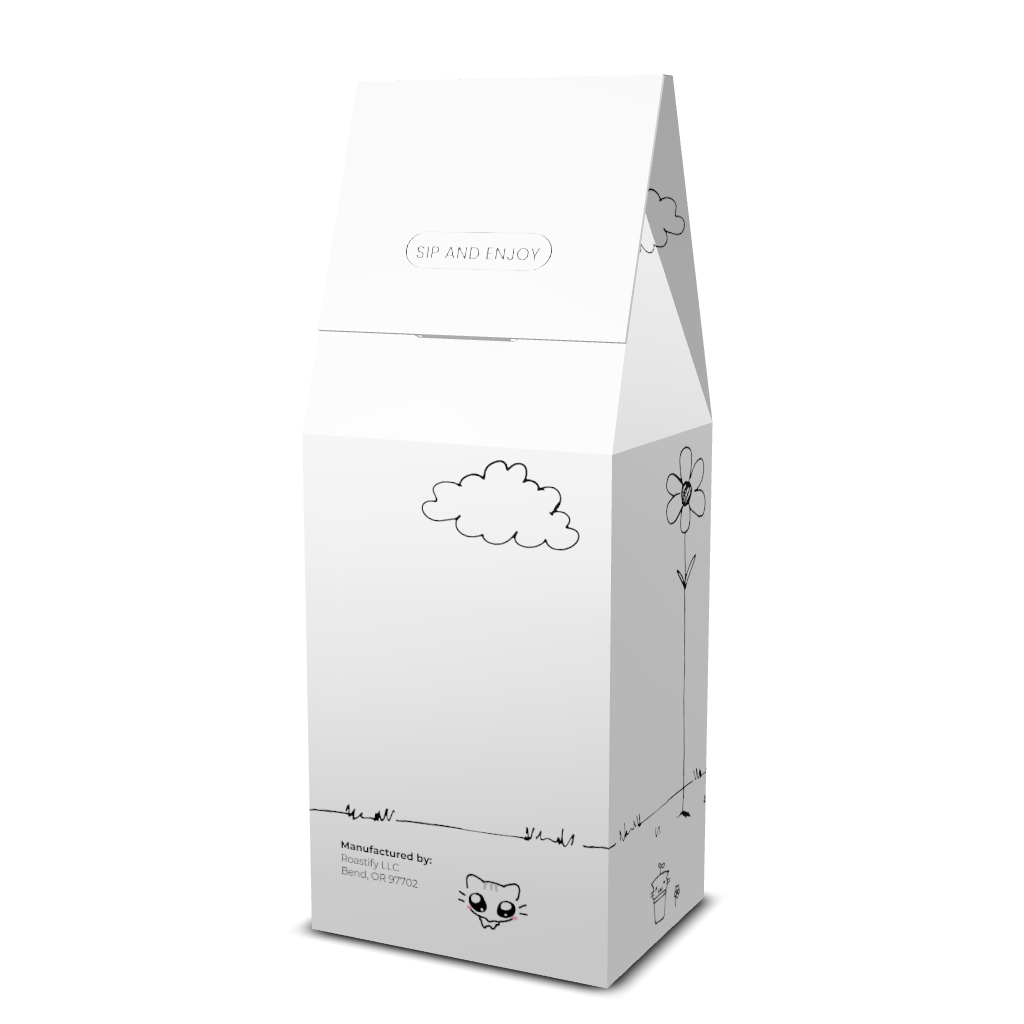 Cherry Chai Tanooki Beans packaged in an illustrated white bag with a playful design