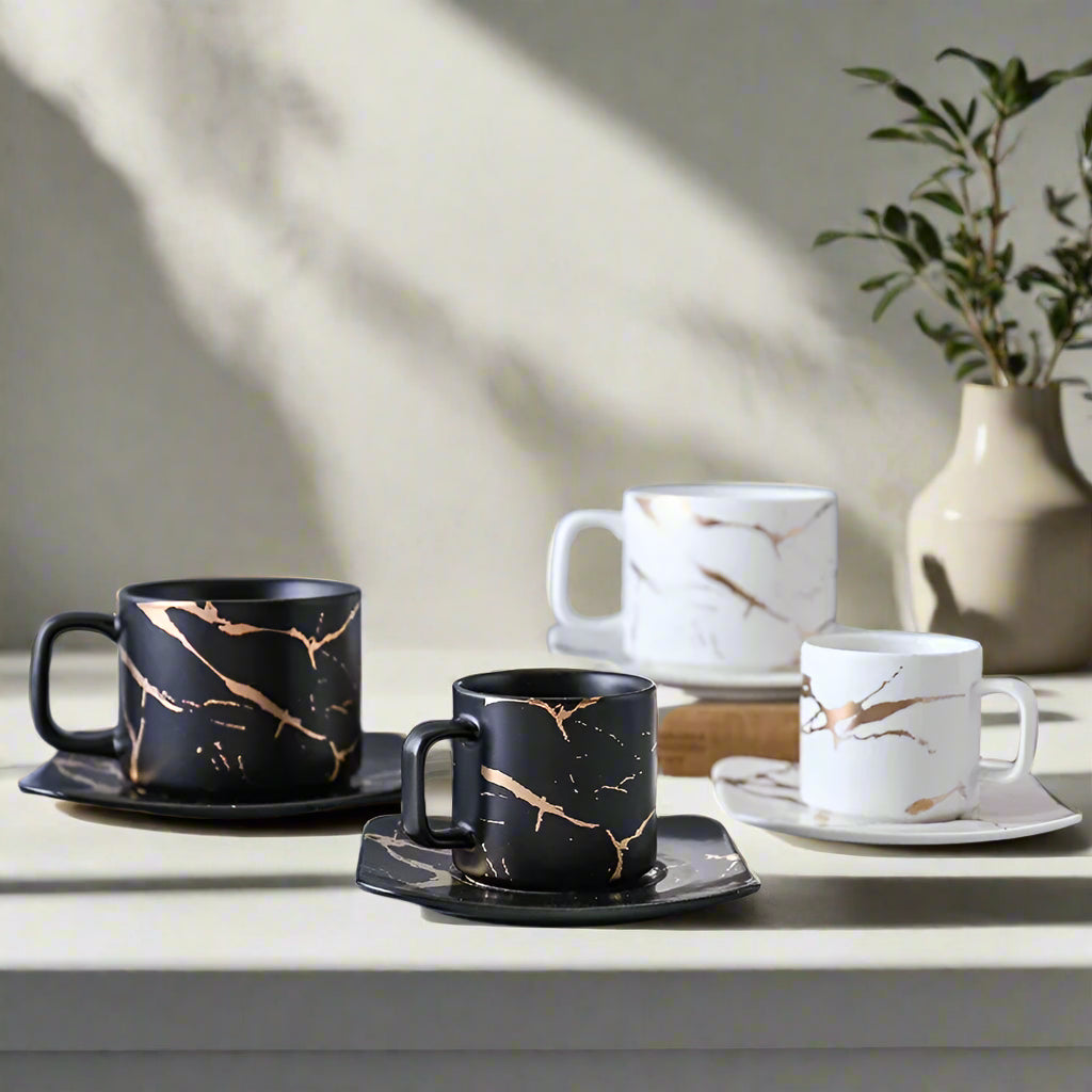 Elegant Tanooki Beans mugs about coffee with marble design and matching saucers for stylish sipping