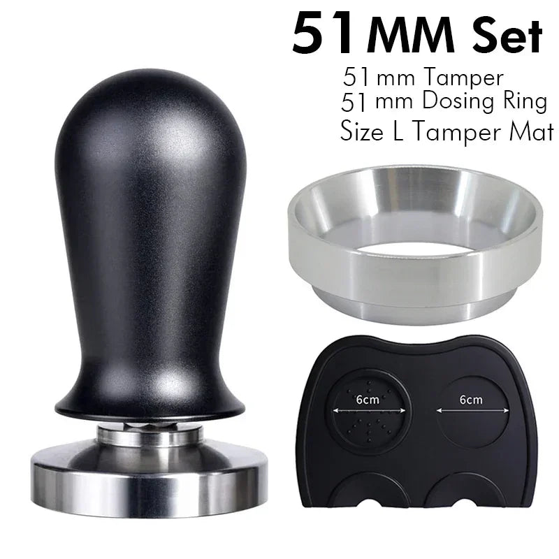 51 mm calibrated espresso tamper set with dosing ring and tamper mat for precise coffee preparation