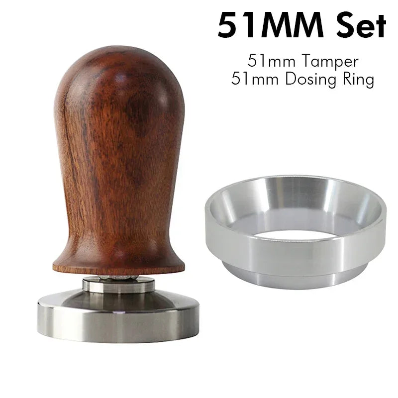 Tanooki Beans calibrated espresso tamper with wooden handle and 51mm dosing ring for perfect coffee extraction