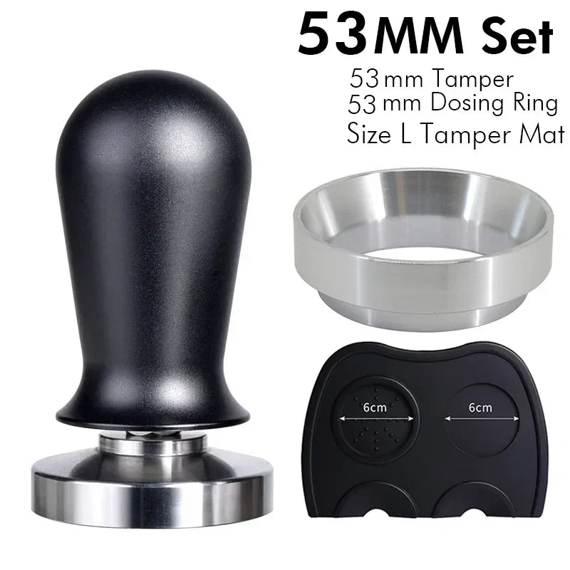 Tanooki Beans calibrated espresso tamper set with 53mm tamper, dosing ring, and tamper mat