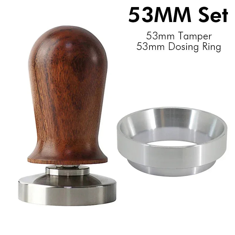 Calibrated espresso tamper with wooden handle and stainless steel dosing ring for precise coffee making