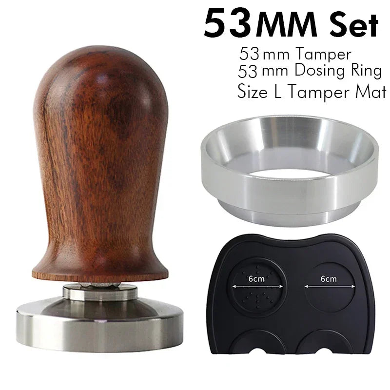 Tanooki Beans calibrated espresso tamper set with wooden handle, dosing ring, and tamper mat for precise coffee brewing