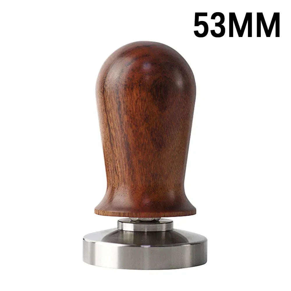 Tanooki Beans calibrated espresso tamper with a wooden handle and 53MM base for perfect coffee preparation