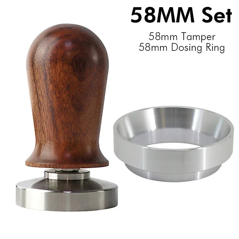 Tanooki Beans calibrated espresso tamper with a wooden handle and stainless steel base, complete with dosing ring