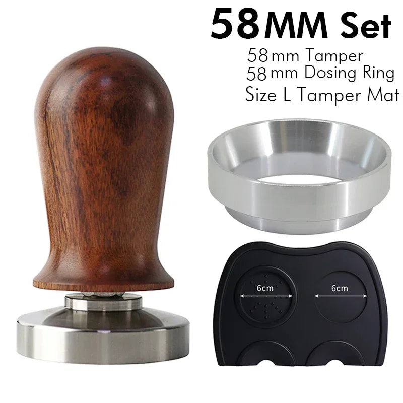 Tanooki Beans calibrated espresso tamper set with 58MM tamper, dosing ring, and silicone mat