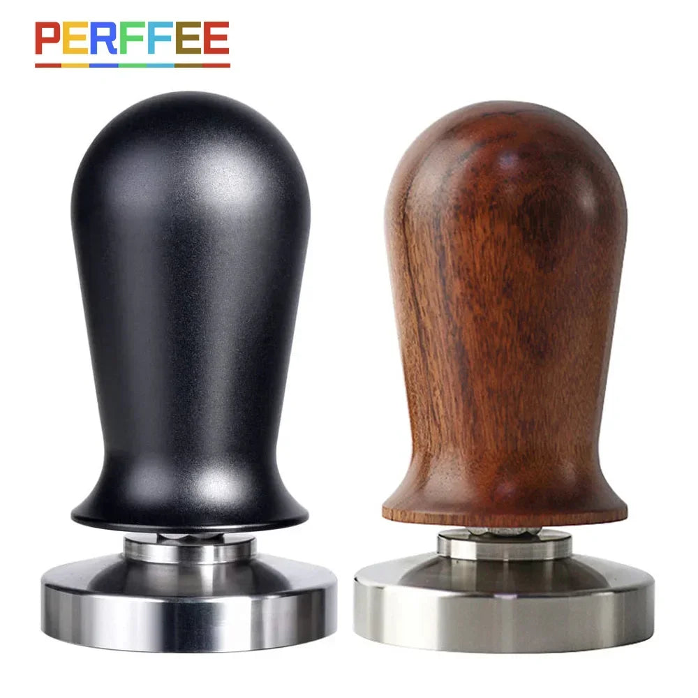 Tanooki Beans calibrated espresso tamper in black and wooden design for precise coffee preparation