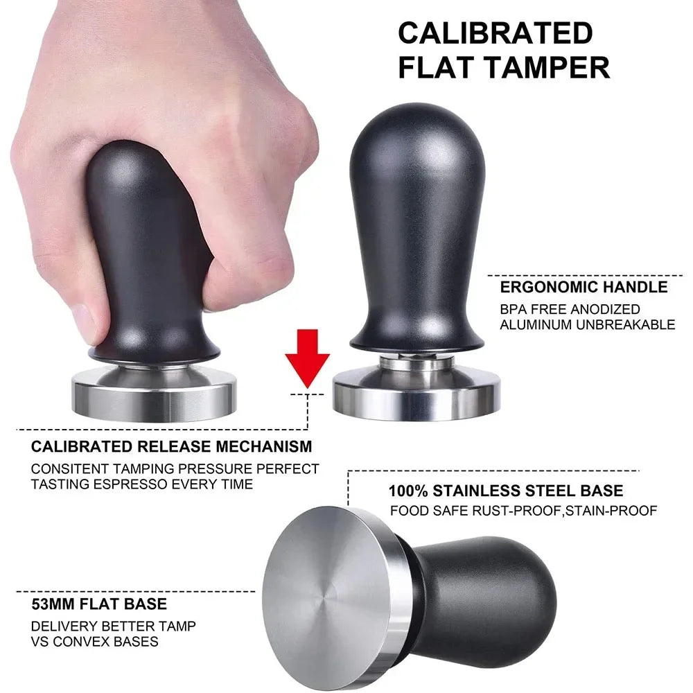 Calibrated espresso tamper with ergonomic handle and stainless steel base for perfect espresso preparation