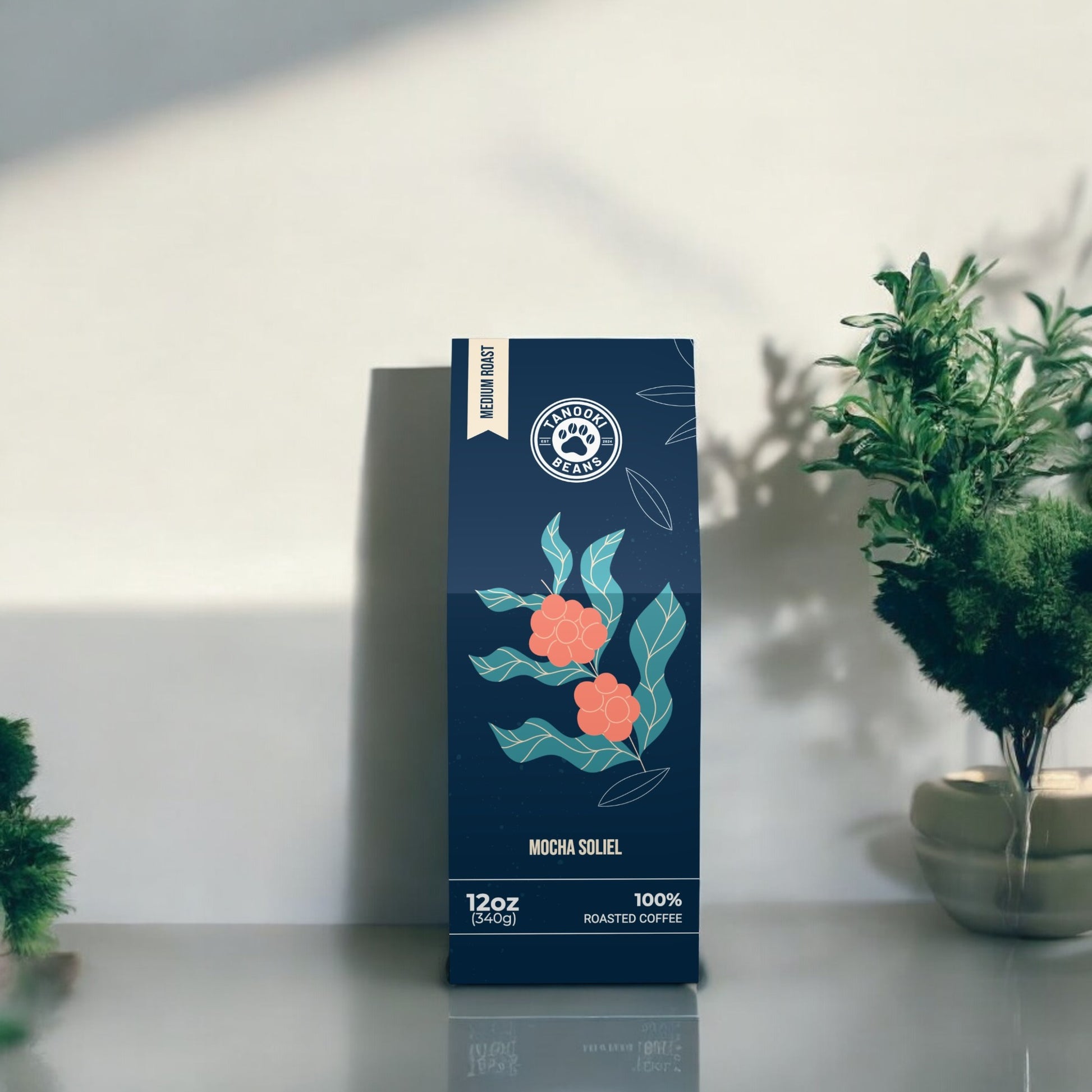 Tanooki Beans Mocha Soliel 12oz bag of 100% roasted coffee with floral design