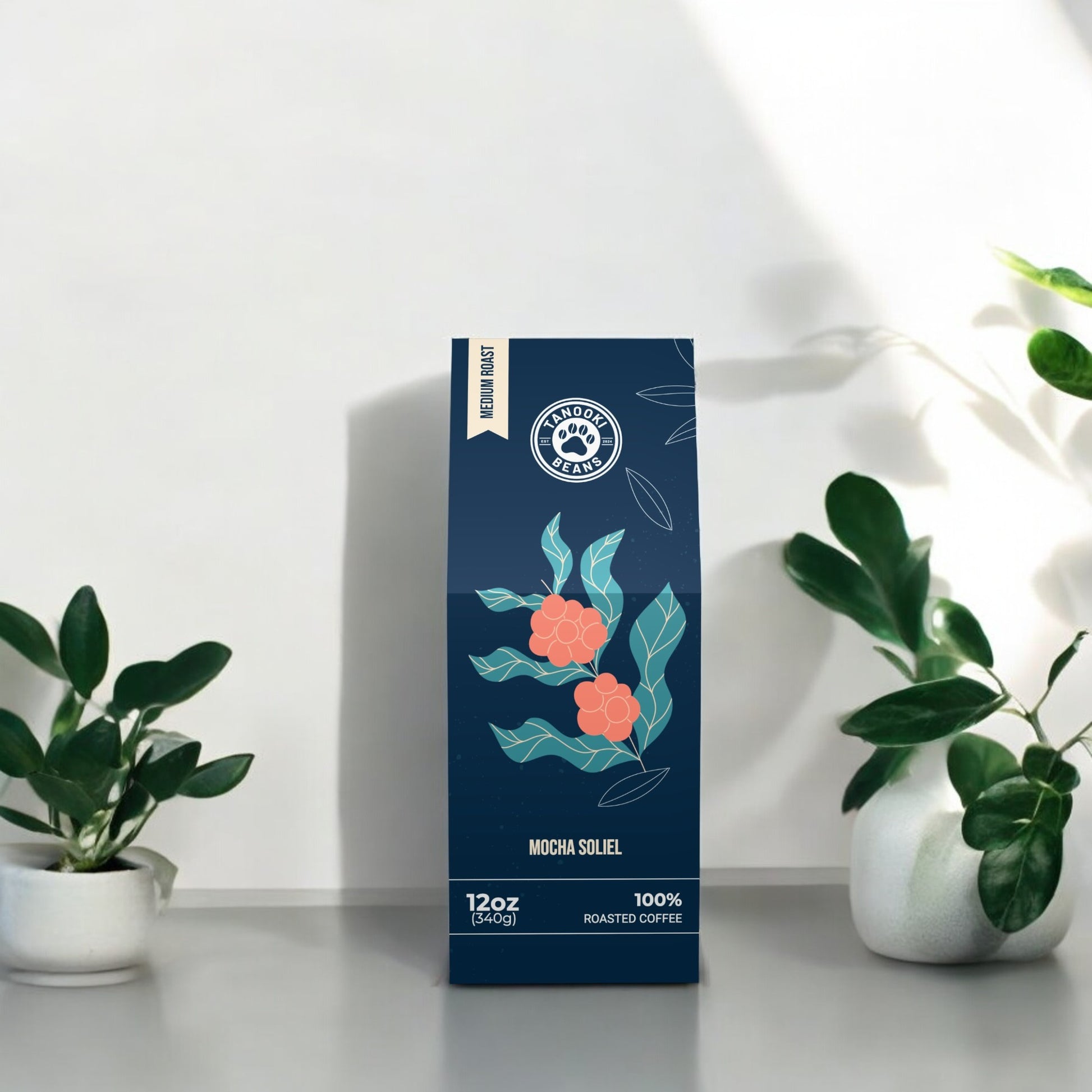 Tanooki Beans Mocha Soliel 12oz Bag of 100 Percent Roasted Coffee with Floral Design