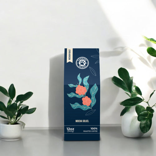 Tanooki Beans Mocha Soliel 12oz Bag of 100 Percent Roasted Coffee with Floral Design