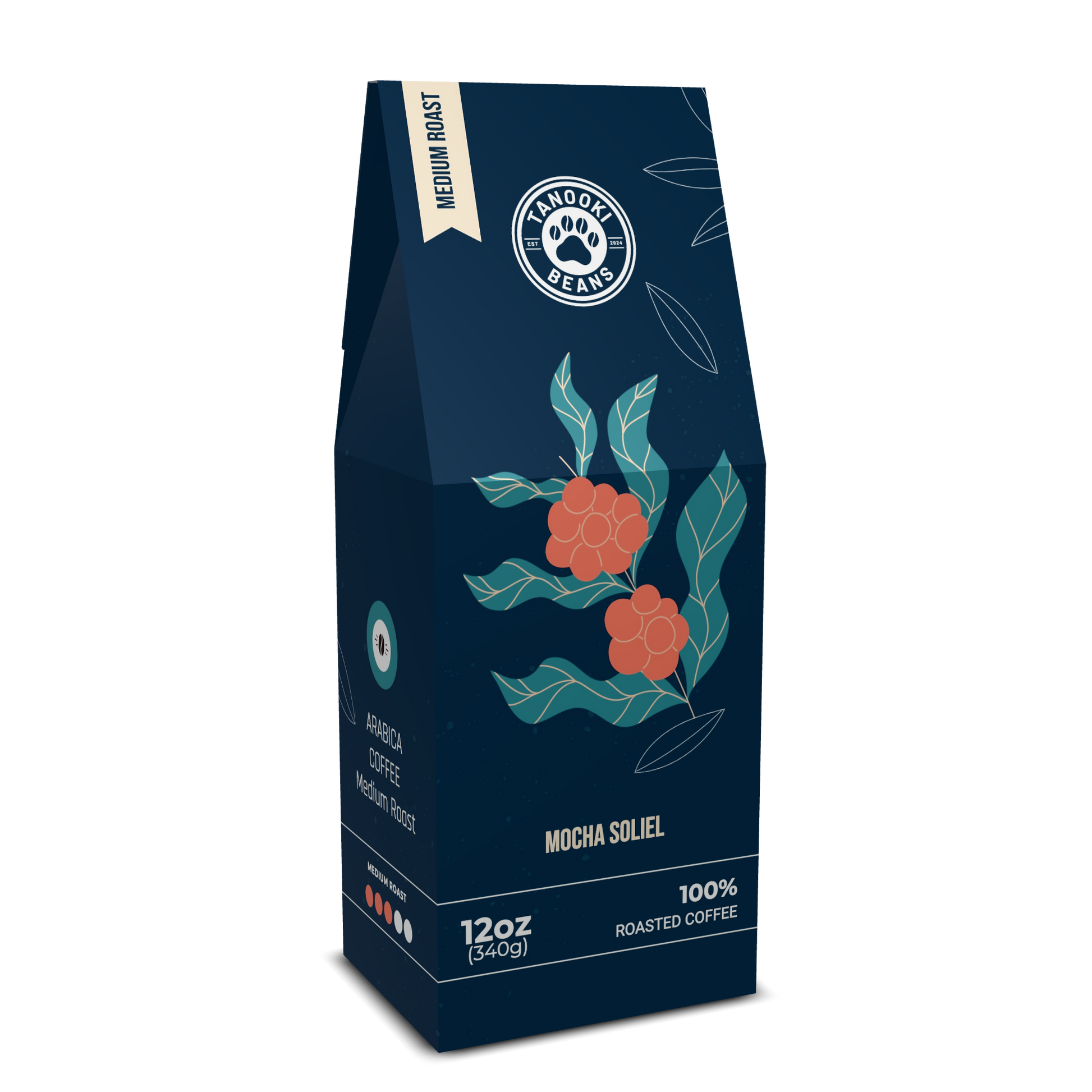 Tanooki Beans Mocha Soliel medium roast whole coffee beans with vibrant packaging design