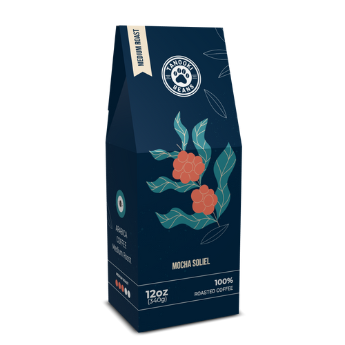 Tanooki Beans Mocha Soliel medium roast whole coffee beans with vibrant packaging design
